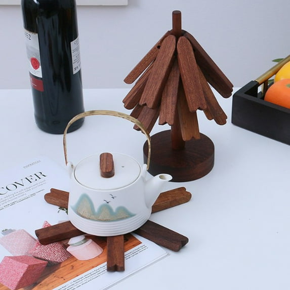 Wooden Trivets for Hot Dishes, Tree Shape Trivet Set, Trivets for Hot Dishes, Wooden Trivets Tree, Wooden Dishes Set for Chirstmas, Wood Kitchen Accessories - 3 Wooden Trivets + 1 Stand