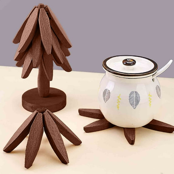 Wooden Trivets for Hot Dishes, Tree Shape Trivet Set, Trivets for Hot Dishes, Wooden Trivets Tree, Wooden Dishes Set for Chirstmas, Wood Kitchen Accessories - 4 Wooden Trivets + 1 Stand