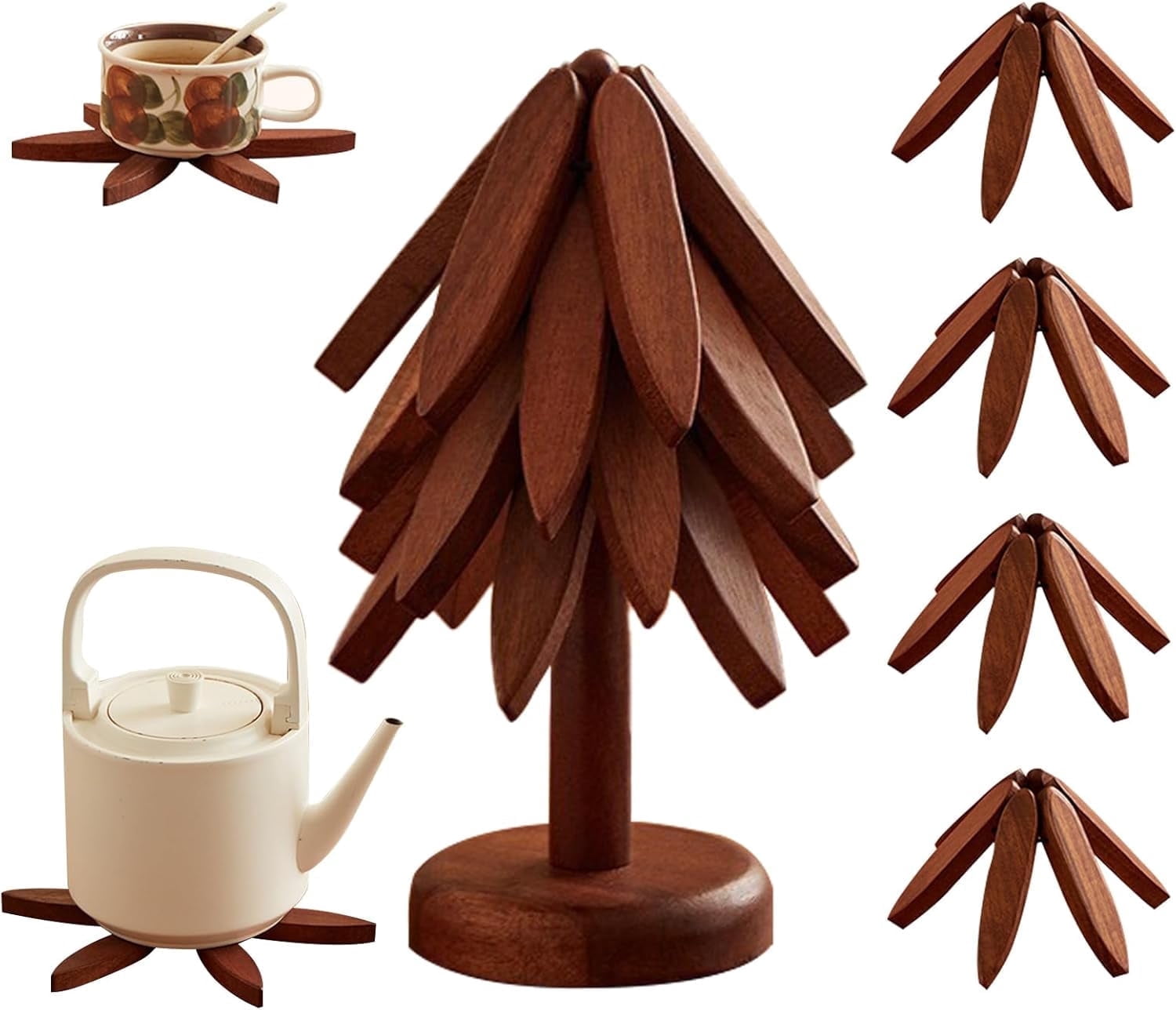 Wooden Trivets for Hot Dishes, Wooden Tree Coasters Tree Shape Trivet Set for Hot Pots and Pans, Foldable Kitchen Walnut Table Mat for Easy Storage, Coaster with 4 Wooden Trivets,1 Stand