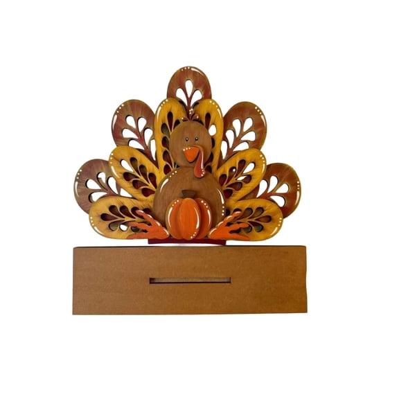 Wooden Turkey Shaped Decorative Holder for Tabletop Display with Intricate Cutout Feather Design for Seasonal Use