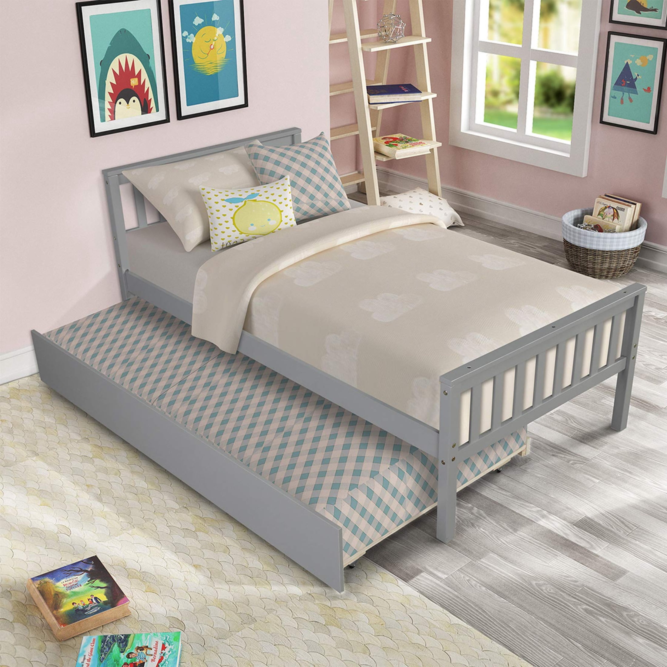 Wooden Twin Bed Frame with Trundle, Headboard and Footboard,  No Box Spring Needed, Grey