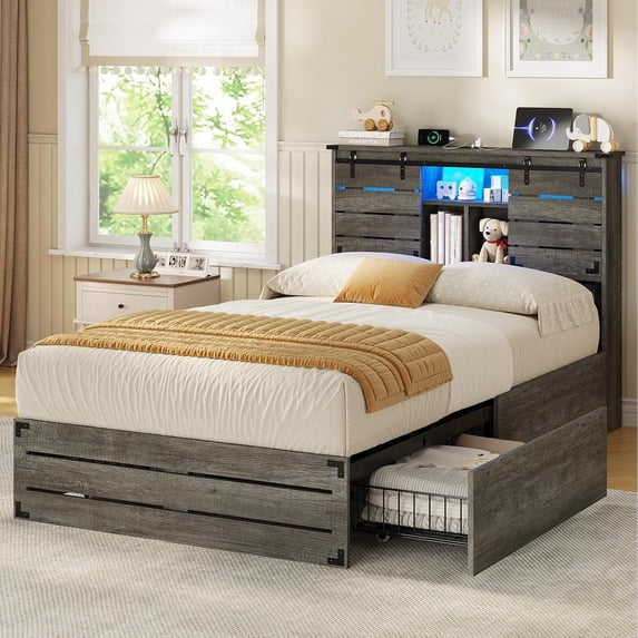 Wooden Twin Bed Frames with Bookcase Headboard and Sliding Barn Door ...