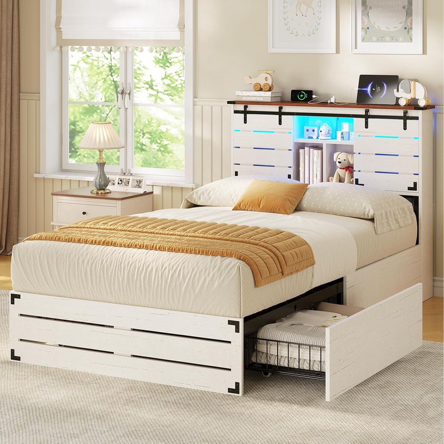 Wooden Twin Bed Frames with Bookcase Headboard and Sliding Barn Door ...
