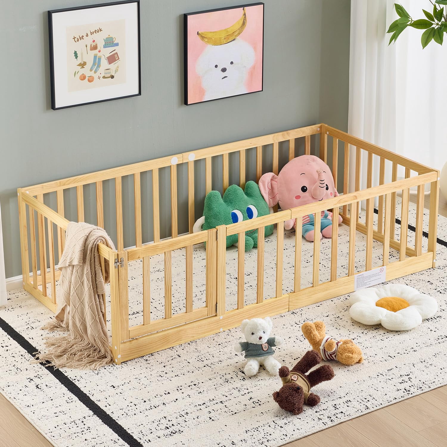 Wooden Twin Floor Bed with Fence and Door, Montessori Kids Floor Beds Without Slats for Toddlers, Girls, Boys,Twin,Wood Color