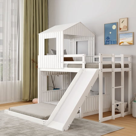 Wooden Twin Over Full Bunk Bed, Loft Bed with Playhouse, Farmhouse, Ladder, Slide and Guardrails, White
