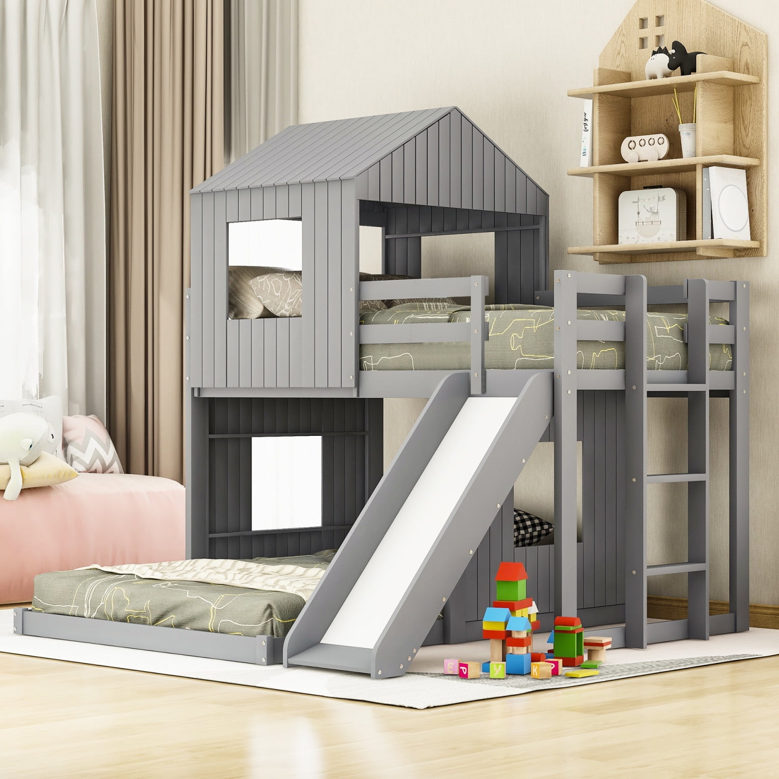 Wooden Twin Over Full Bunk Bed, Loft Bed with Playhouse, Farmhouse ...