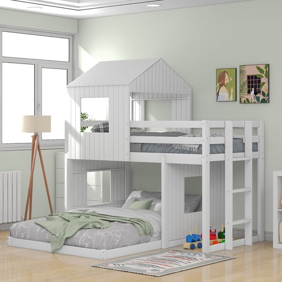 Wooden Twin Over Full Bunk Bed with Playhouse Loft Design, Farmhouse Style, Safety Guardrails & Ladder, Solid Pine Wood Construction, White