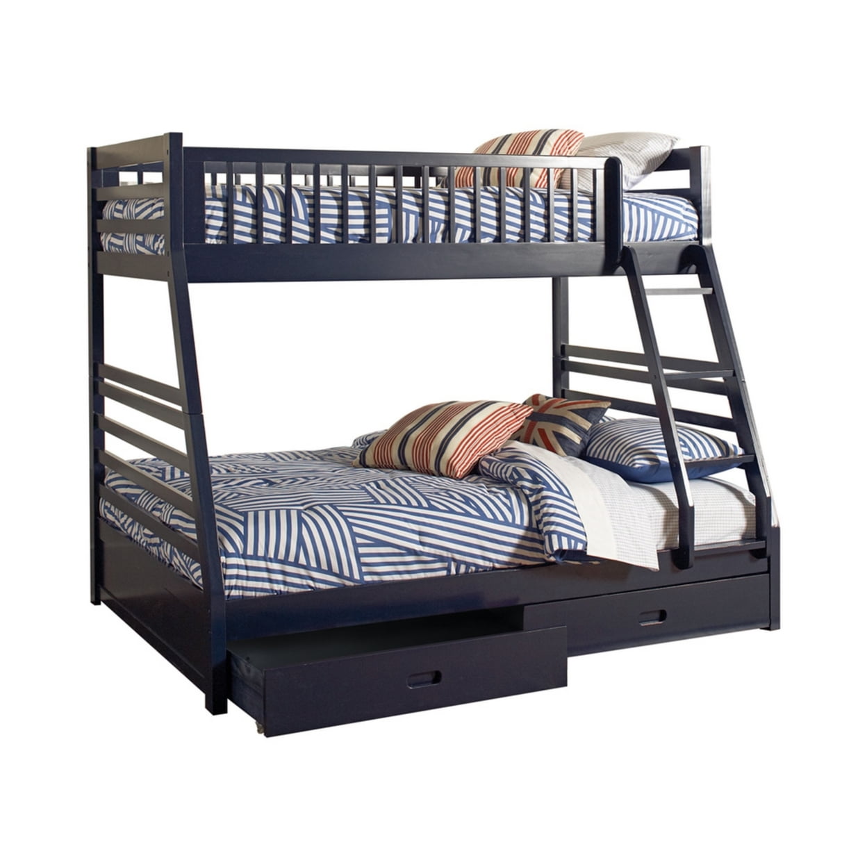 Wooden Twin Over Full Bunk Bed with Wheel Supported Bottom Drawers Blue