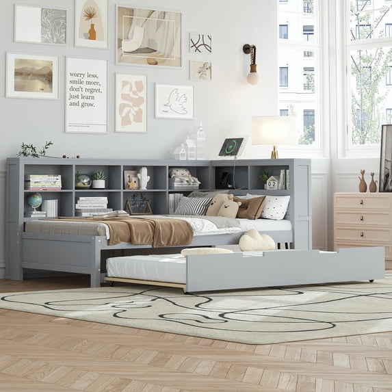 Wooden Twin Size DayBed with Twin Trundle, Headboard with Storage Shelf and USB Charging Ports, Bed Frame for Bedroom Living Room (Grey)