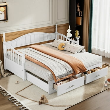 Wooden Twin Size Daybed, Extendable Platform Bed Frame with Trundle, Two Storage Drawers, Modern Rustic Platform Daybed  for Bedroom, Living Room, White