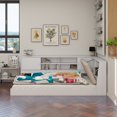 thumbnail image 1 of Wooden Twin Size L-shaped Daybed Floor Corner Bed with Storage Bookcase and Upholstered Headboard and USB Charging Ports for Limited Space, White, 1 of 14