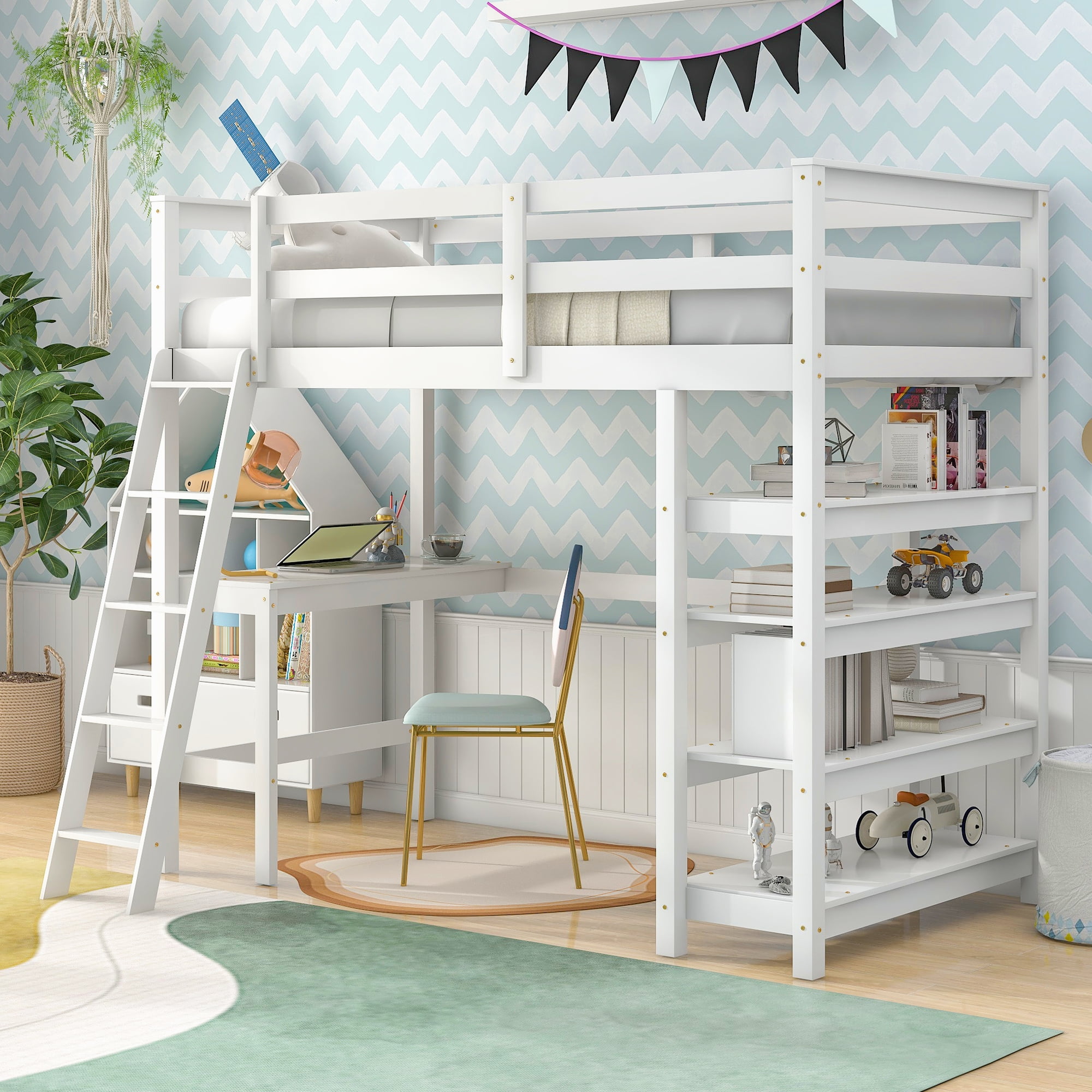 Wooden Twin Size Loft Bed Frame with Desk and Storage Shelves, Modern