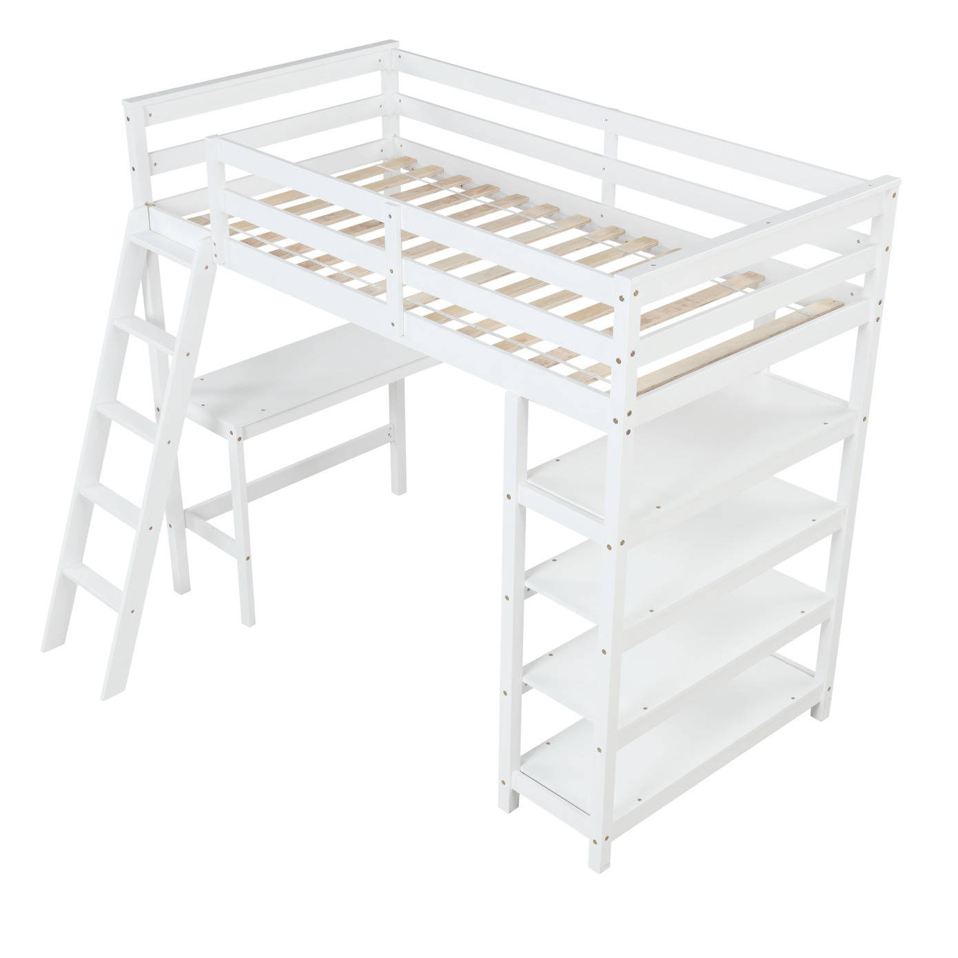 Twin Size Loft Bed with Storage Staircase and Builtin Desk, Wooden Loft Bed Frame with Safety