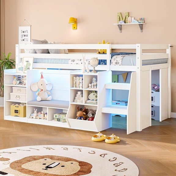 Wooden Twin Size Loft Bed with Storage Bookcase and Secret Fortress,Twin Loft Bed with Led Lights,Low Loft Bed with Reading Nook,2 Wide Stairway and Safety Guardrail,No Box Spring Needed