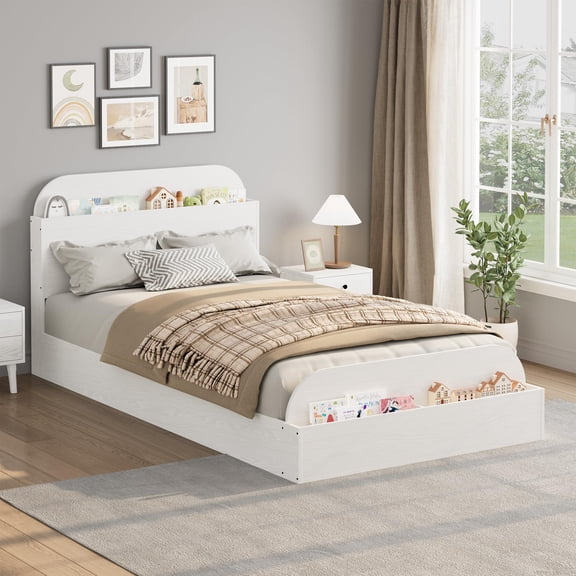 Wooden Twin Size Platform Bed Frame with Storage Headboard & Footboard, Raised Footboard, Sturdy Slats, No Box Spring Needed