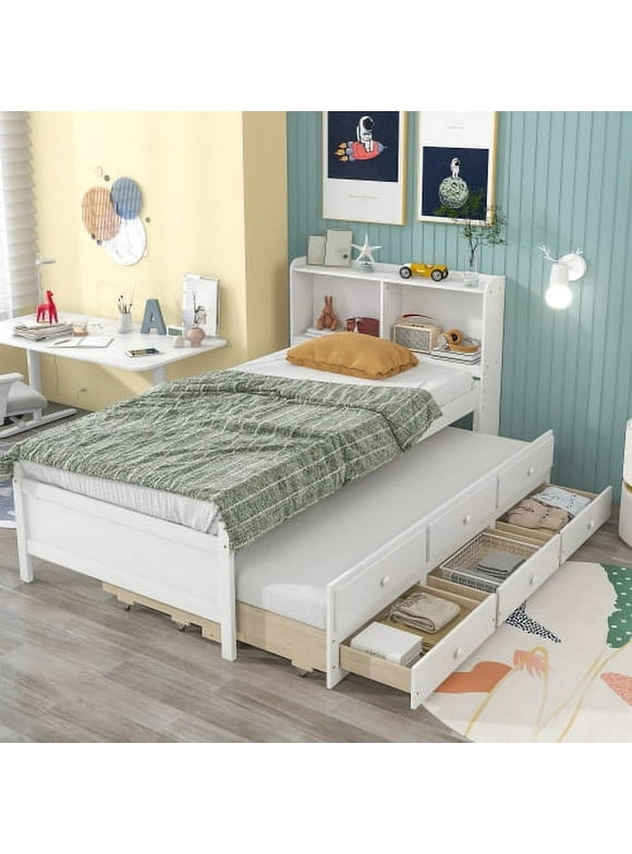 Wooden Twin Size Platform Bed with Storage Drawers and Twin Trundle for Kids,Toddlers and Teens,Storage Bed Frame with Bookcase Headboard for Bedroom, Apartment and Loft, No Box Spring Needed,White