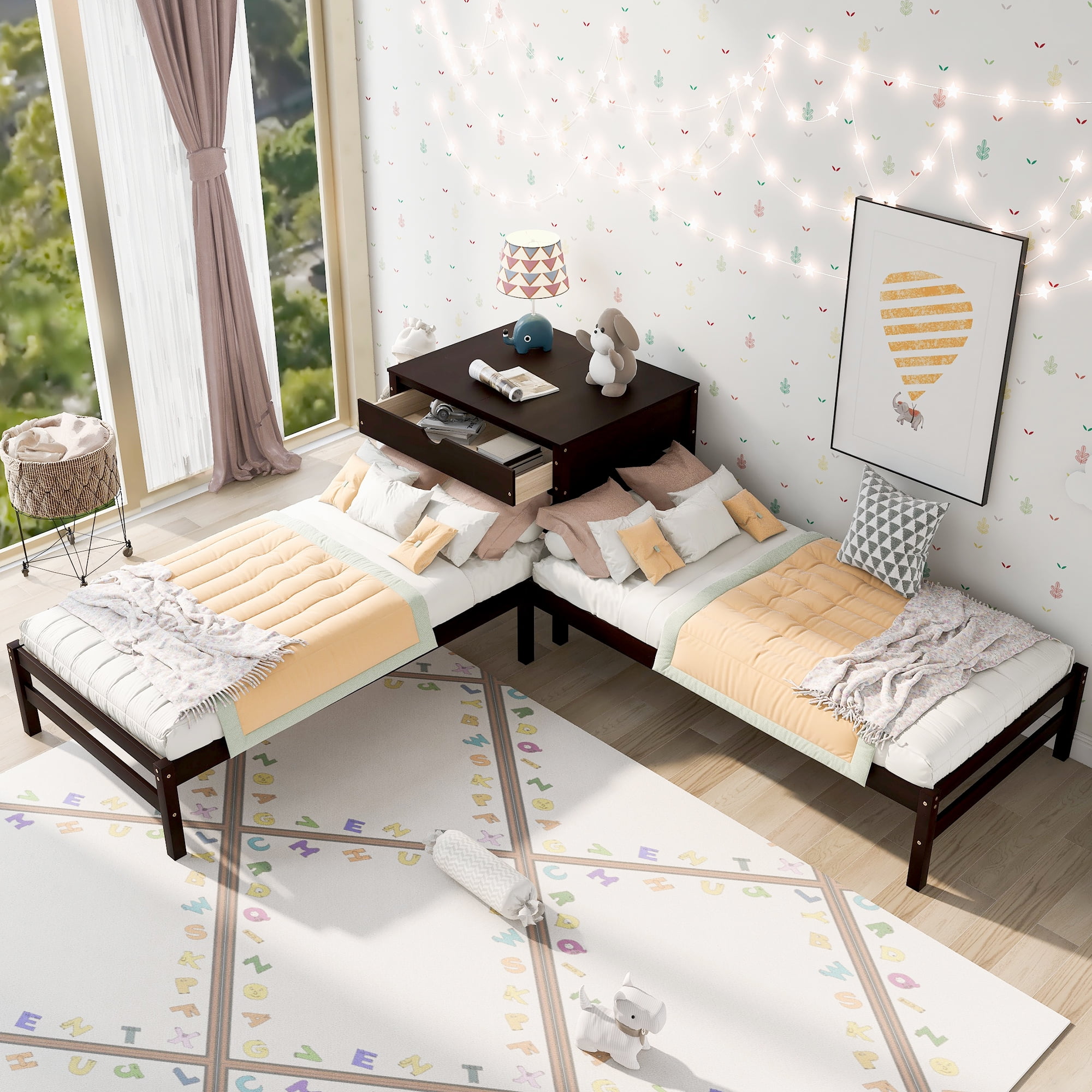 Wooden Twin and Twin Corner Bed with Built-in Rectangle Table, L Shaped