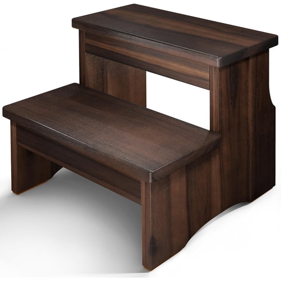 Wooden Two Step Stool for Adults, Heavy Duty Acacia Wood Bed Step | Compact Bedside Step Stool For Kitchen And Bathroom With Non-Slip Floor Pads, Walnut Finish, Supports Up To 450 Lbs