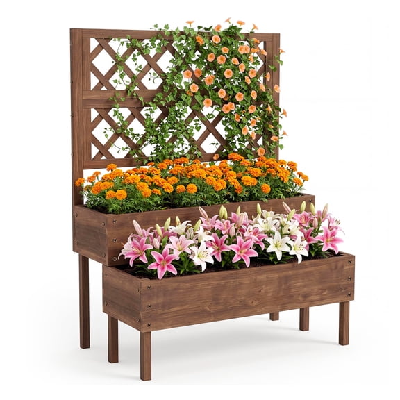 Tzou Wooden Two-Tier Raised Planter with Trellis, Natural Fir Wood Flower Box with Drainage Holes & Feet for Patio, Balcony, Garden