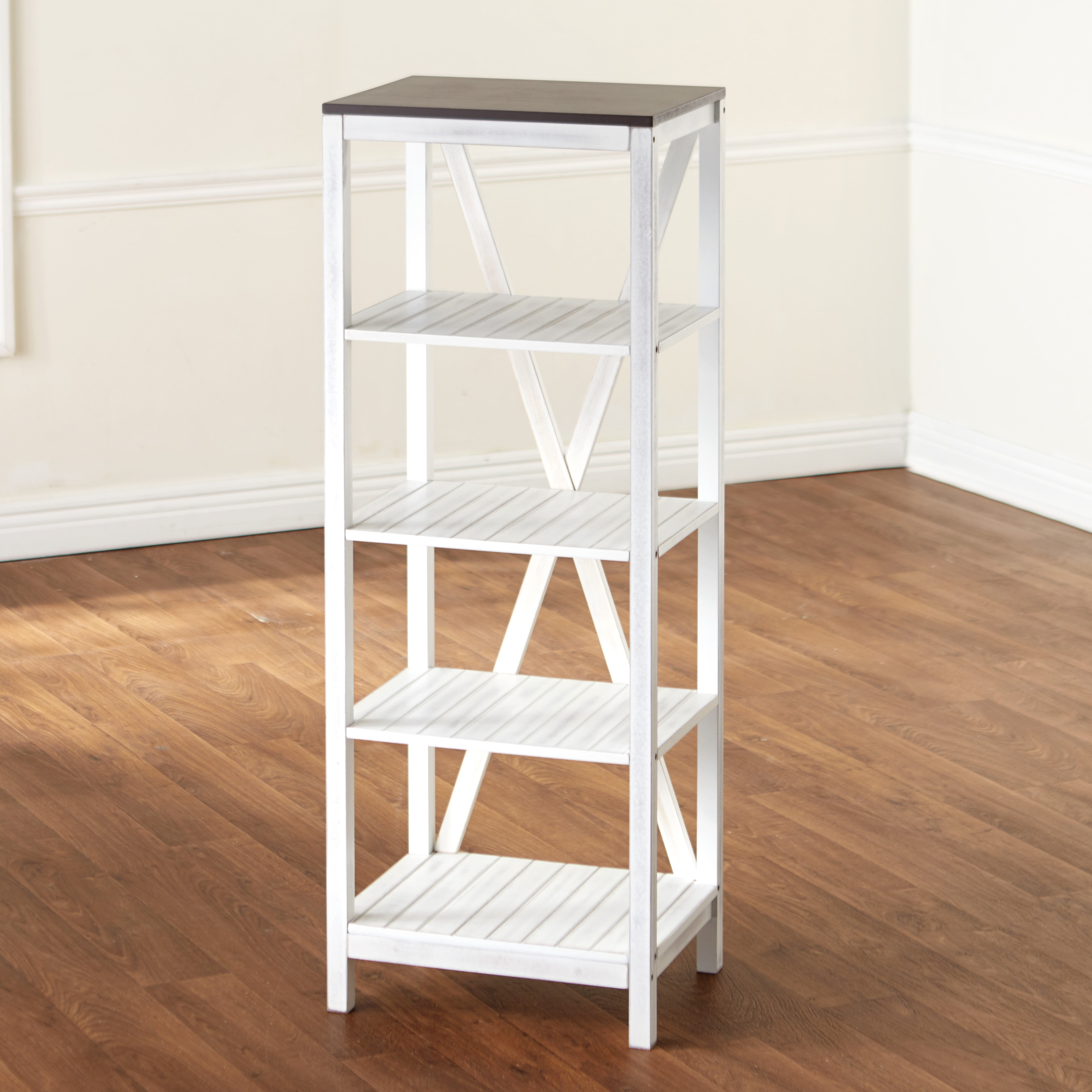 Wooden Two Tone Storage Shelf Tower with 4 Tiers and Top