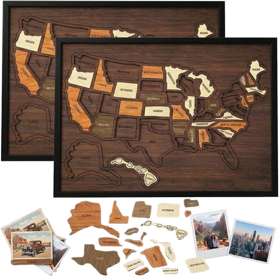 Wooden US Travel Map Puzzle, 50 Removable State Cutouts, Travel Memory Record Decor for Wall and Tabletop Display, Perfect Gift for Couples and Families
