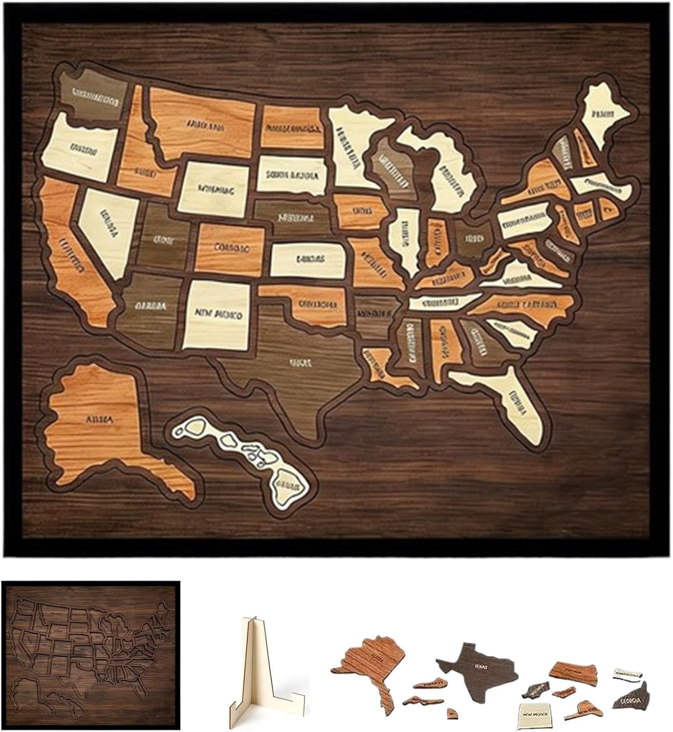 Wooden USA Map Puzzle Board Set, 50 Laser-Cut State Pieces for Wall ...