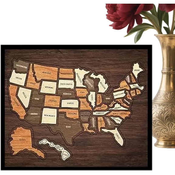 Wooden USA Map Puzzle, Cork Board US Travel Wall Decor with Removable State Pieces