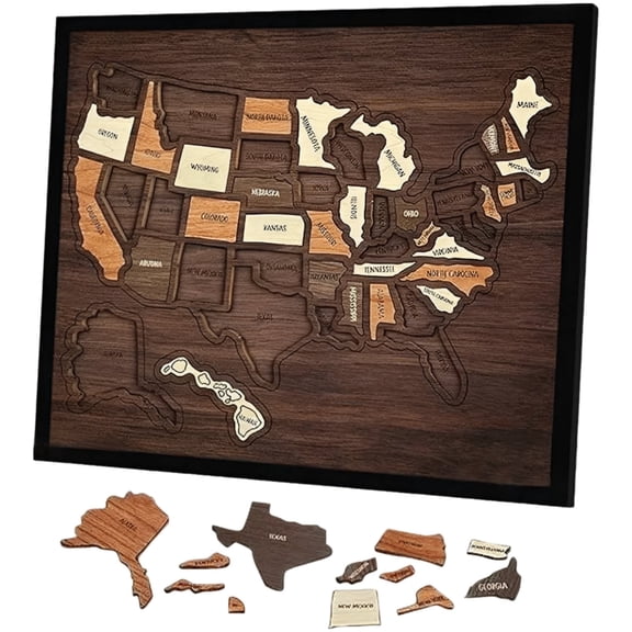 Wooden USA Map Puzzle Interactive Travel Map with Removable State Pieces, Etched Names & Black Frame, Educational Geography Gift for Families, Wall Decor, 12" x 10"
