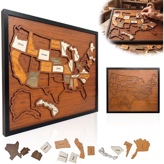 Wooden USA Map Puzzle with 50 State Pieces, Interactive Wall Decor Board for Travel Recording