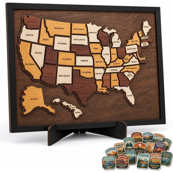 Wooden USA Travel Map Desk Ornament, 12x10 States Visited Tracker with Stand & Stickers, 50 State Puzzle Board for Road Trip Memory Gift