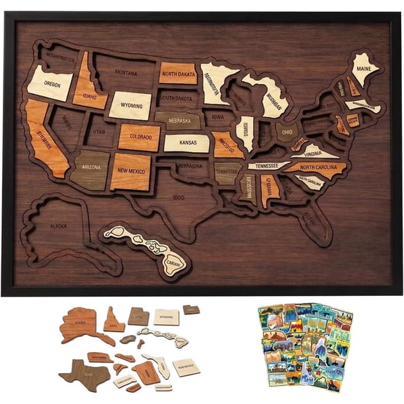 Wooden USA Travel Map Puzzle, 12" x 10" Journey Tracker Map Board with Travel Stickers, Home Classroom Wall Art Decor for Couples Family Travel Memory Keepsake, 1 Pcs