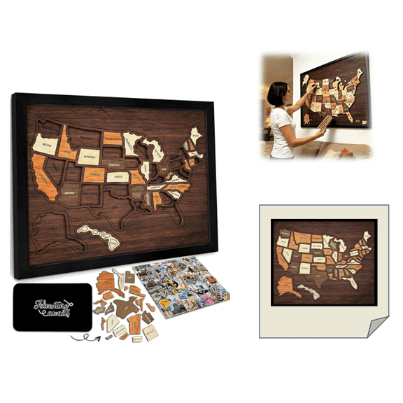 Wooden USA Travel Map Puzzle, 50 States United States Puzzle, Wall Decor for Home Office, Record Your Journey Gift for Adults Families