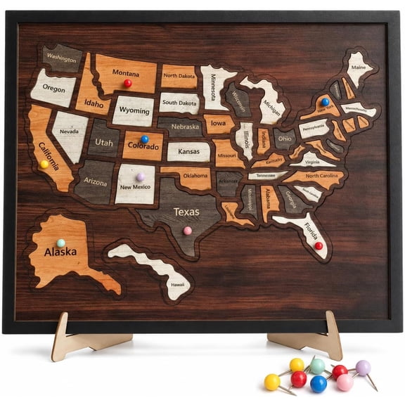 Wooden USA Travel Map Puzzle with Push Pins, 12 x 10 Inch States Visited Tracker with Display Stand, United States Map Gift for Couples, Families and Travelers