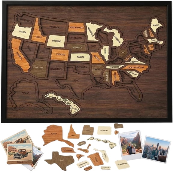 Wooden USA Travel Map Puzzle, Removable State Tracker Board with Stickers for Couples Families, Wall Decor & Home Classroom Display