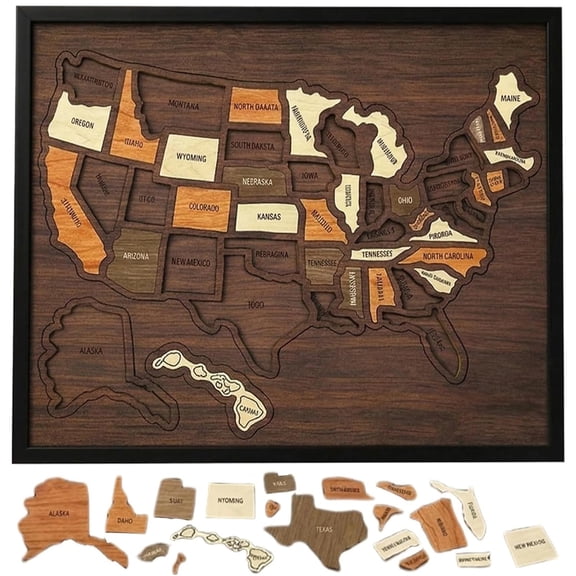 Wooden USA Travel Map Puzzle,US Map Tracker for Travels, Portable USA Travel Jigsaw Detachable with Elements Sticker & Pins for Home Kitchen Office Couples and Families Gift