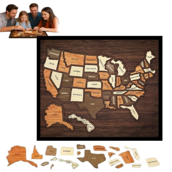 Wooden USA Travel Map Puzzle, United States Journey Tracker Maps Pin Board for US 50 States Travel Tracking with Elements Sticker Rv Vacations Perfect for Couples and Families Gift (1PCS)