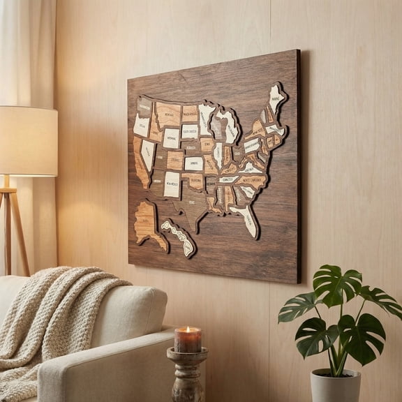 Wooden USA Travel Map Puzzle, United States Journey Tracker Maps Pin Board for US 50 States Travel Tracking with Elements Sticker Rv holiday Home Classroom Wall Art Home Decor for Couple Family