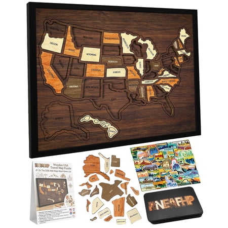 Wooden USA Travel Map Puzzle United States Journey Tracker Maps Pin Board for Us Traveling with Elements Sticker Rv Vacations Home Classroom Wall Art Home Decor for Couple Family (1PC)