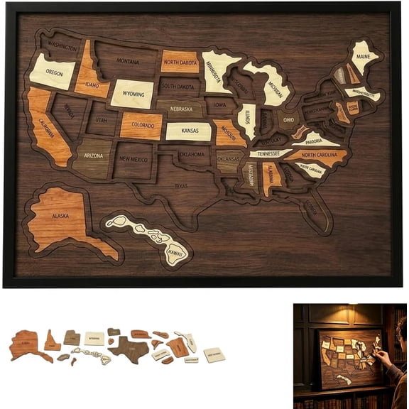 Wooden USA Travel map Puzzle, Interactive State-by-State pin Board for Journey Memories, Removable Pieces Track Travels State-by-State