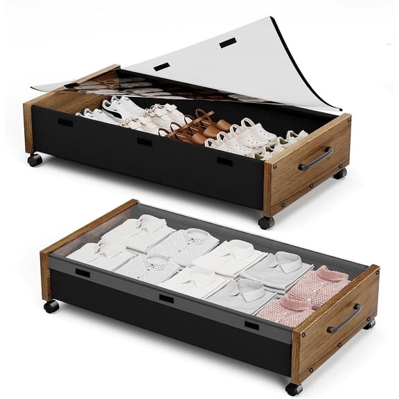 Wooden Under Bed Storage Bin with Wheels and Removable Lid Walnut Brown 2 Pack