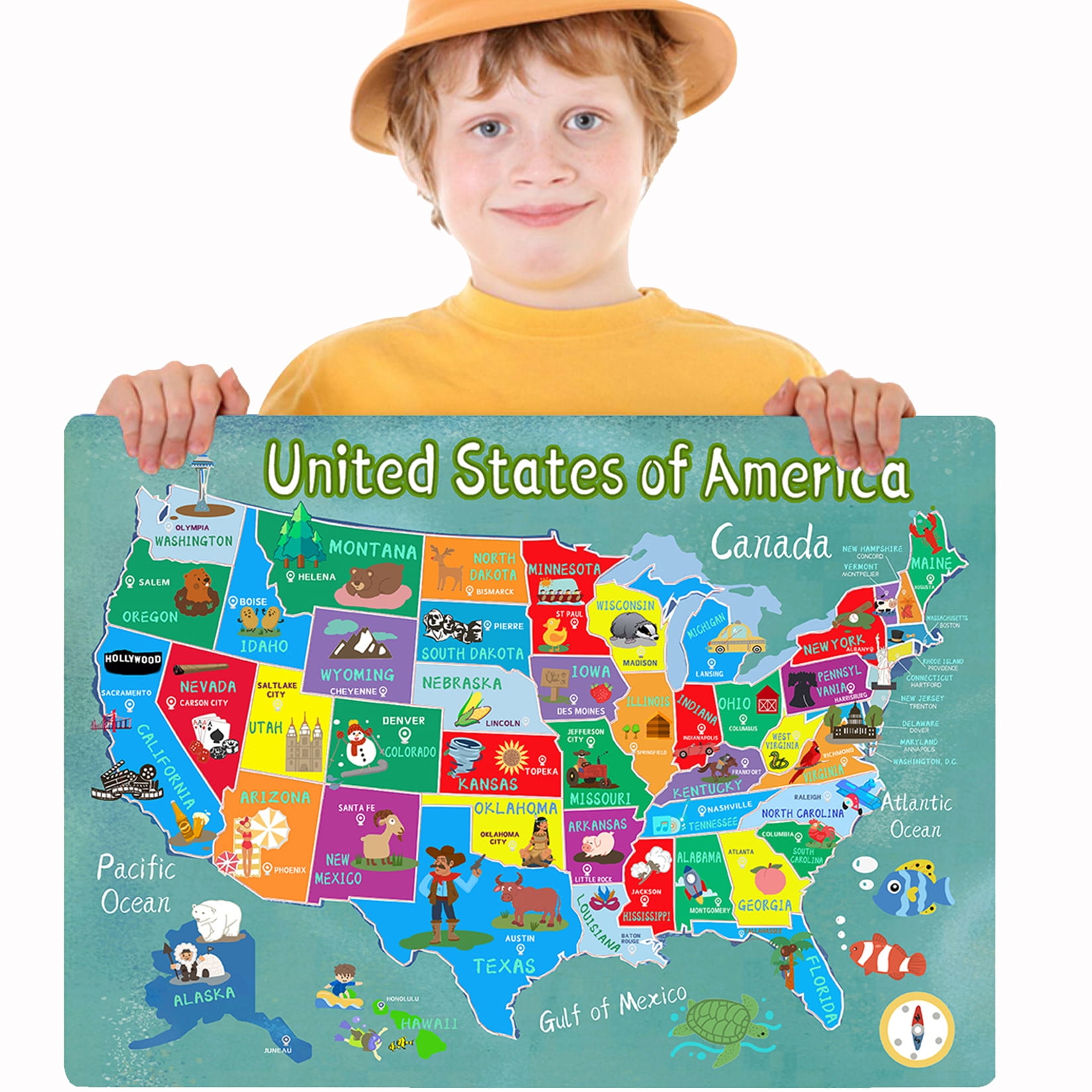 Wooden USA Map Jigsaw Puzzle for Children Ages 48, Educational Learning Toy with Base Plate