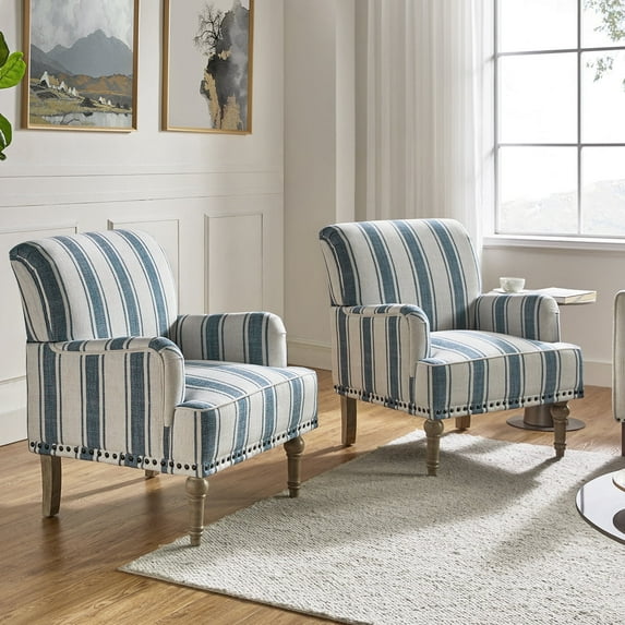 Upholstered Stripe Armchair Set of 2 Reading Accent Chair Wooden Legs Home Living Room Navy