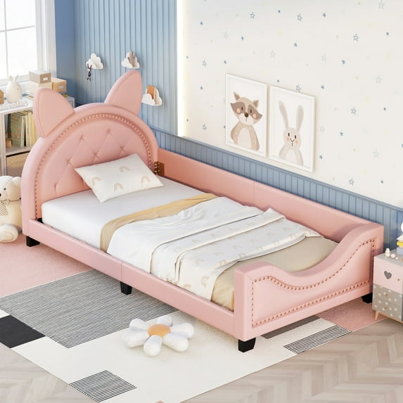 Wooden Upholstered Daybed with Carton Ears Shaped Headboard, PU Leather Twin Size Bed with Guard Rail 80.3''L*40.9''W*37''H 250lbs Load, Pink