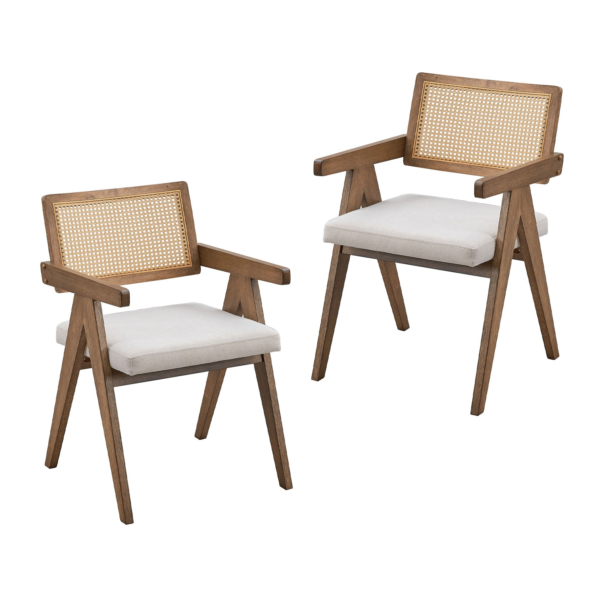 Gray Upholstered Oak Wood Dining Chairs with Cane Backrest, Set of 2