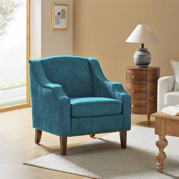 Wooden Upholstery Armchair Lounge Sofa Club Accent Chair Nailhead Trim Side Chair Living Room Bedroom Blue