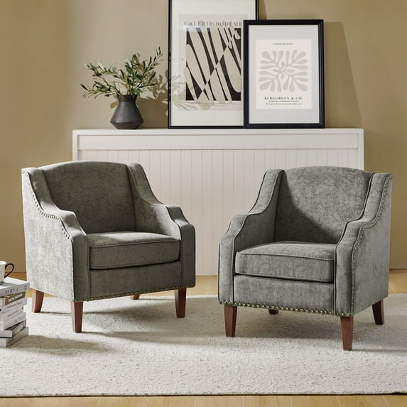 Wooden Upholstery Armchairs Set of 2 Lounge Sofa Club Accent Chairs Nailhead Trim Side Chairs Living Room Bedroom Gray
