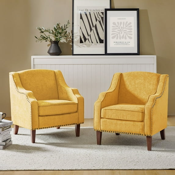 Wooden Upholstery Armchairs Set of 2 Lounge Sofa Club Accent Chairs Nailhead Trim Side Chairs Living Room Bedroom Yellow