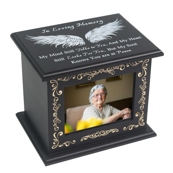 Wooden Urn Box for Ashes Cremation Urns for Human Ashes Adult Male or Female, Memorial Keepsake Urns with Photo Frame, Funeral Casket for Men Women, Burial Urn for Adults Up to 200 IBS-Wing