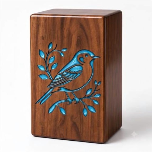 Wooden Urn Box for Ashes, Memorial Keepsake & Remembrance Box with Blue Bird Branch Inlay Design, Decorative Funeral Urn Container, (XL)[14X7.5] 542cu/in