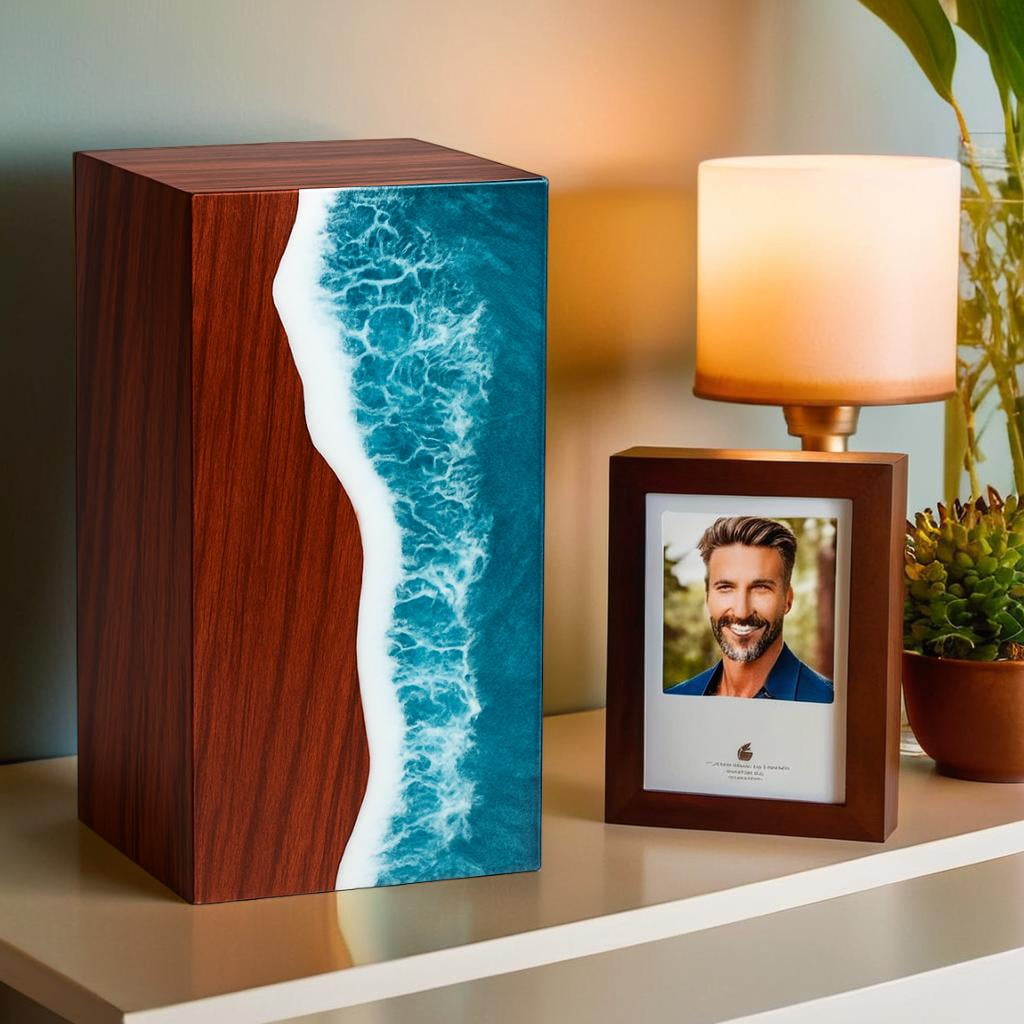 Wooden Urns for Human Ashes Adult Cremation Urns for Human Ashes Ocean Wave Design Wooden Urn Box Memorial Cremation Urn Box for Human & Pet Ashes